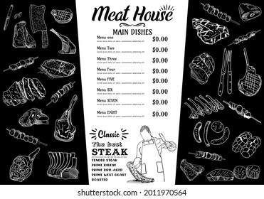 Butcher shop blackboard Cut of Beef Meat. Butchery Cow Food Chalk Board Shop. Retro Menu Restaurant poster. Vector.