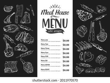 Butcher shop blackboard Cut of Beef Meat. Butchery Cow Food Chalk Board Shop. Retro Menu Restaurant poster. Vector.