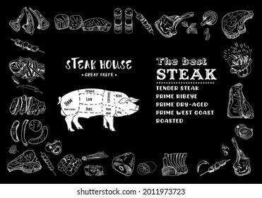 Butcher shop blackboard Cut of Pork Meat. Butchery Pork Food Chalk Board Shop. Retro Menu Restaurant poster. Vector.