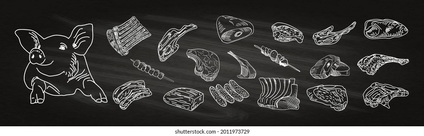 Butcher shop blackboard Cut of Pork Meat. Butchery Pork Food Chalk Board Shop. Retro Menu Restaurant poster. Vector.