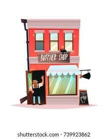 Butcher shop building facade cartoon modern illustration with character of butcher inviting for Thanksgiving sale and kitty siting on banner.