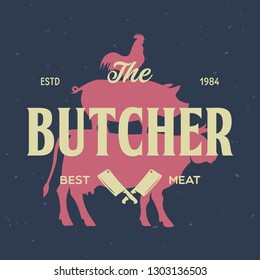 Butcher Shop and Butchery hand written lettering logo, label, badge, emblem. Template for shop, cover, sticker, print, business works. Vintage retro style. Vector illustration
