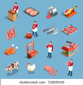 Butcher shop butchery isometric set of isolated icons with farm animals human characters and semifinished meat vector illustration