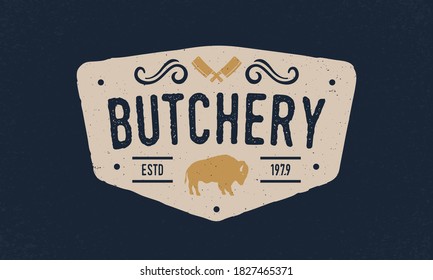 Butcher shop, Butchery logo. Butcher shop trendy logo, emblem, poster with meat cleavers. Vintage typography. Graphic emblem for barbecue, steak house, butchery and meat shop. Vector illustration