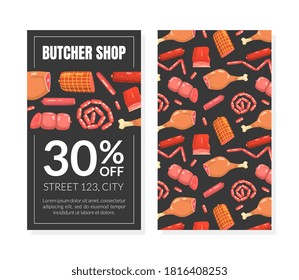 Butcher Shop Card Template, Flyer, Poster with Fresh Meat Products Pattern Vector Illustration