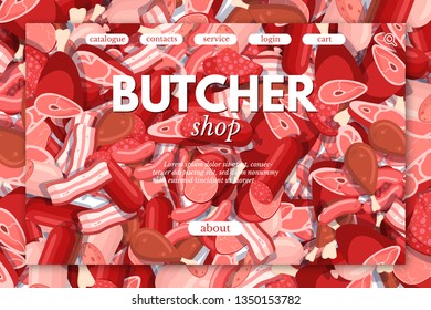 Butcher shop cartoon vector landing page template. Fresh meat web banner with text space. Uncooked sausages, bacon background. Protein rich meal ingredients. Ham, steak, salami assortment