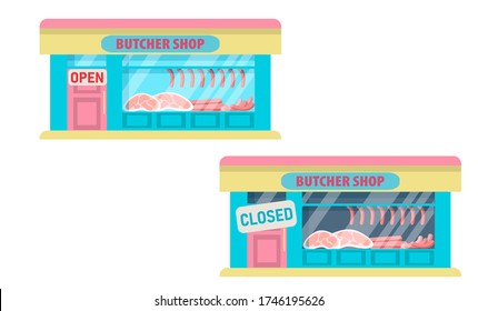 The butcher shop is closed and open. A collection of store facades isolated on a white background.Vector illustration in flat style