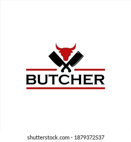 Butcher Shop coat of arms with Cleaver and Chef knife, text The Butcher Meat Shop. Logo template for a butcher business - shop, market, restaurant or design - banners, stickers. Vector Illustration