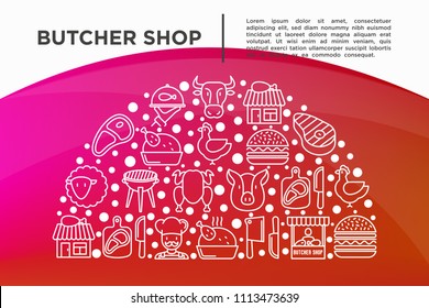 Butcher shop concept in half circle with thin line icons: meat steak, beef, pork, mutton, BBQ, chicken, burger, cutting board, meat knives. Modern vector illustration, print media template.