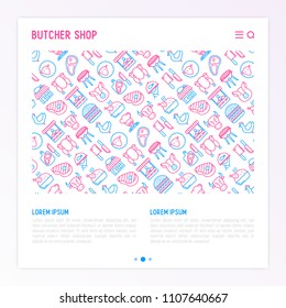 Butcher shop concept with thin line icons: meat steak, beef, pork, mutton, BBQ, chicken, burger, cutting board, meat knives. Modern vector illustration, print media template.