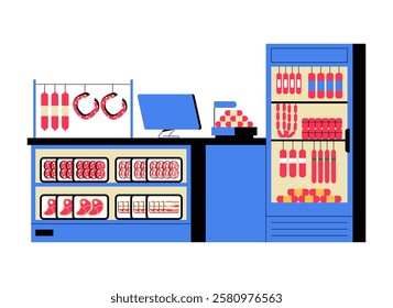 Butcher Shop Counter With Meat And Sausage Products In Flat Vector Illustration Symbolizing Fresh Meat Selection, Retail Store, And Grocery Shopping, Isolated On White Background