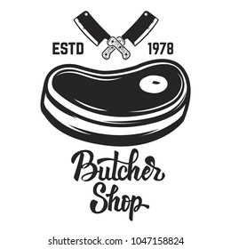 Butcher shop. Cutted meat and crossed meat cleavers. Design element for logo, label, emblem. Vector illustration