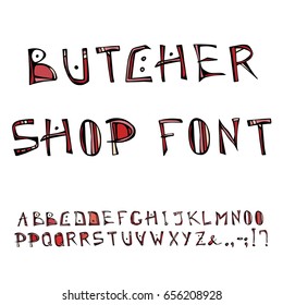 Butcher Shop Decorative Meat Font, Alphabet. Isolated On A White Background. Realistic Doodle Cartoon Style Hand Drawn Sketch Vector Illustration.