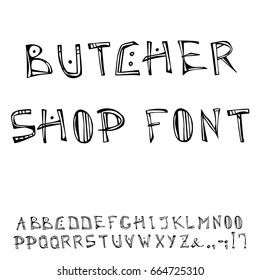 Butcher Shop Decorative Meat Font, Alphabet. Realistic Doodle Cartoon Style Hand Drawn Sketch Vector Illustration.Isolated On A White Background.