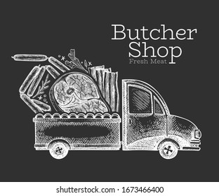 Butcher shop delivery logo template. Hand drawn vector truck with meat illustration. Engraved style vintage food design.