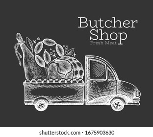 Butcher shop delivery logo template. Hand drawn vector truck with meat illustration. Engraved style vintage food design.