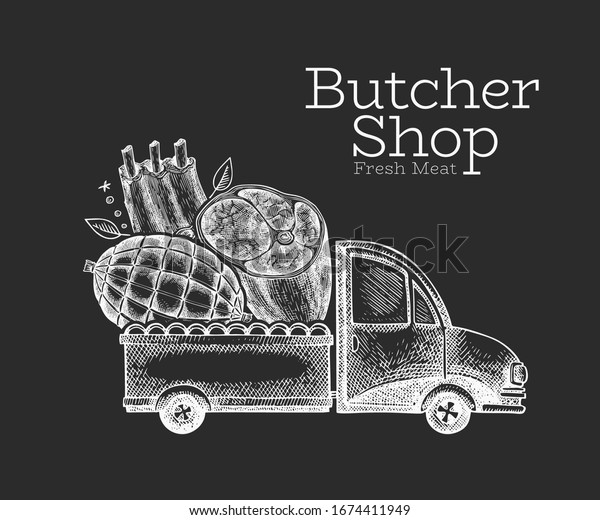 Butcher\
shop delivery logo template. Hand drawn vector truck with meat\
illustration. Engraved style vintage food\
design.