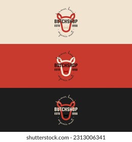 Butcher Shop Design Element in Simple Style for Logotype, Label, Badge, T-shirts and other design. Outline cow head retro and vintage vector illustration.