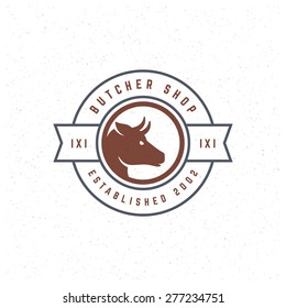 Butcher Shop Design Element in Vintage Style for Logotype, Label, Badge and other design. Cow face and knife retro vector illustration.