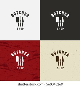 Butcher Shop Design Element in Vintage Style for Logotype, Label, Badge, T-shirts and other design. Cow face and knife retro vector illustration. On white, black, crafting and meat background