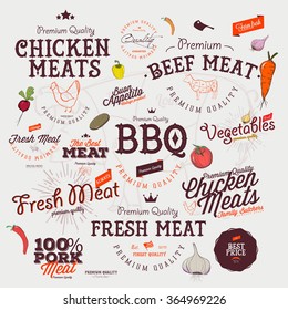 Butcher Shop Design Elements, Labels and Badges in Vintage Style / BBQ, Vegetables,