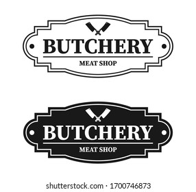 Butcher shop emblem. Butchery store advertising design element. Meat shop typography. Vector vintage illustration. - Vector