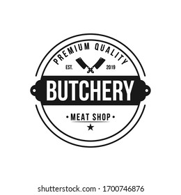 Butcher shop emblem. Butchery store advertising design element. Meat shop typography. Vector vintage illustration. - Vector