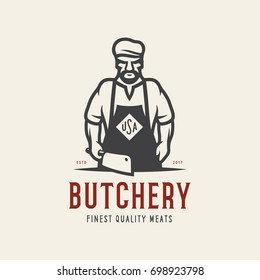 Butcher shop emblem. Butchery store advertising design element. Meat shop label. Vector vintage illustration.