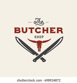 Butcher shop emblem. Butchery store advertising design element. Meat shop typography. Vector vintage illustration.