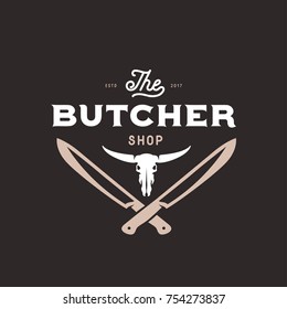 Butcher shop emblem. Butchery store advertising design element. Meat shop typography. Vector vintage illustration.