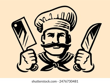 Butcher shop emblem. Chef with knives. Male cook in hat logo vector illustration