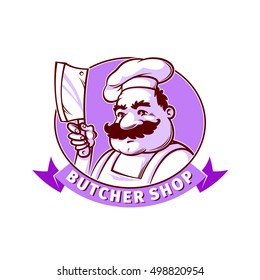 Butcher shop emblem. Smiling butcher with knife