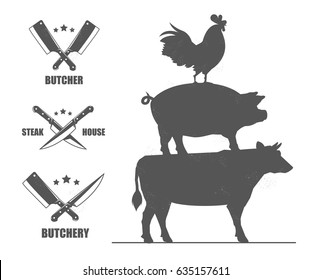 Butcher shop emblems with knives and axes. With rooster, pig and cow.