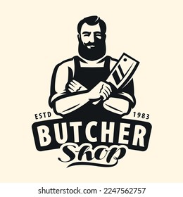 Butcher shop, farm organic food badge or logo. Butcher with cleaver knife emblem. Vector illustration