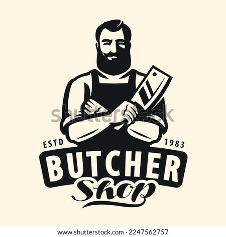 Butcher shop, farm organic food badge or logo. Butcher with cleaver knife emblem. Vector illustration Stock foto © 