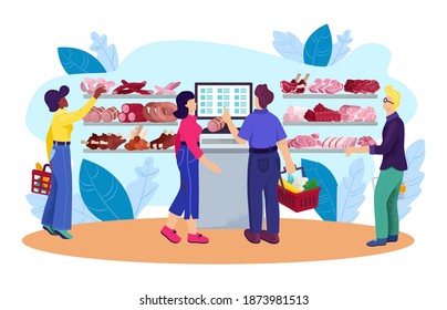 Butcher shop with food meat, vector illustration. Product market store business, man seller character at retail butchery. Person buy retail beef, organic cartoon steak, flat sausage.