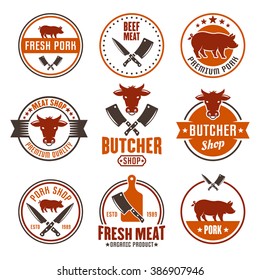 Butcher shop, fresh meat, beef and pork, slaughterhouse set of vector colored round labels, badges, emblems and stickers isolated on white background