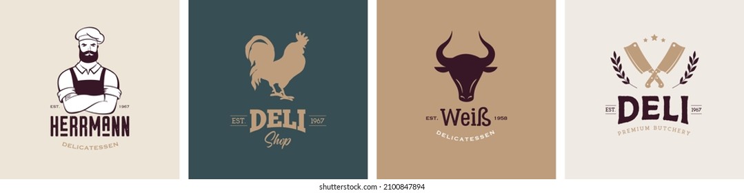 Butcher shop, gourmet, deli store logo design. Hipster butcher, knifes and cow symbols