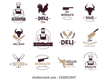 Butcher shop, gourmet, deli store logo design. Hipster butcher, knifes and cow symbols