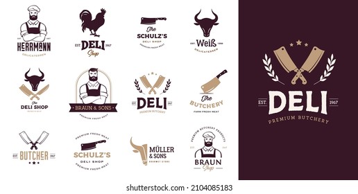 Butcher shop, gourmet, deli store logo design. Hipster butcher, knifes and cow symbols