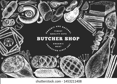 Butcher shop hand drawn vector banner template. Vintage style illustration  on chalk board