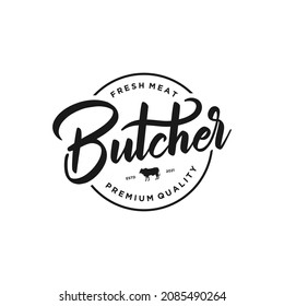 Butcher Shop hand written lettering logo with label, badge, emblem design template