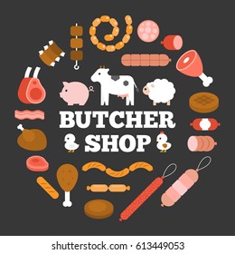 Butcher shop headline and product icon such as sausage, ham, pepperoni and animal arrange in circle shape, flat design