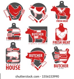 Butcher shop or house, meat products isolated icons vector. Cooking food, poultry and beef, pork ham and sausage, chicken and cow or pig. Fork and knife, cutlery and cutting desk emblems or logo