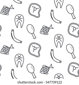 Butcher shop icons seamless vector pattern. Meat and fish outline tileable white monochrome background.