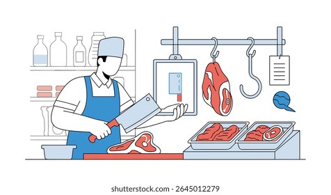 Ilustração de açougue Um cortador de carne profissional Preparando e exibindo cortes frescos de carne
