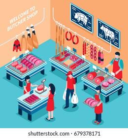Butcher shop inside isometric design including desks with meat products and prices sellers and customers vector illustration