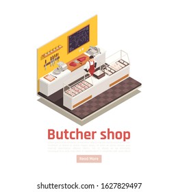 Butcher Shop Isometric Composition With Beef Cuts Salesman Sliced Meat Chicken Fillets Steaks On Counter Vector Illustration 