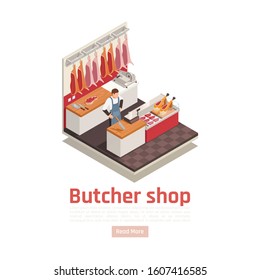 Butcher Shop Isometric Composition With Hanging Meat Display Steaks Sliced Beef Scale Ham On Counter Vector Illustration 