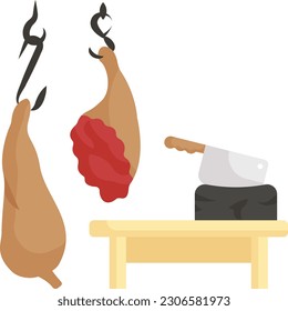 Butcher Shop with Knife Vector color Icon Design, Eid al-Adha or Eid-ul-Kabir Symbol, Hajj Sign, Muslims religious Festival Stock illustration, Lamb Carcass Hang From Iron Hooks Concept